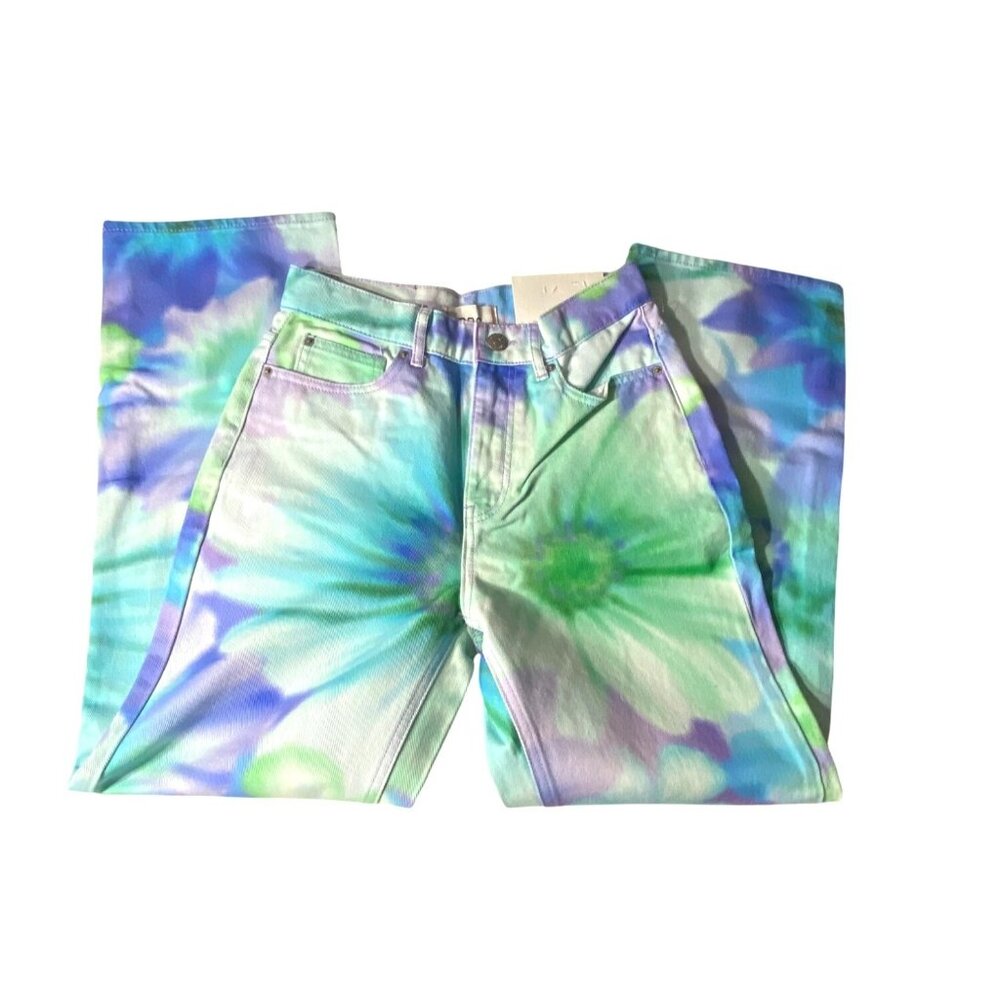 Floral Printed High-Waisted BDG Jeans With Vibrant Green Blue Tie-Dye Womens 27”